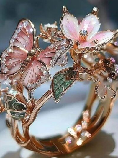 Flower Butterfly Ring With Rhinestones