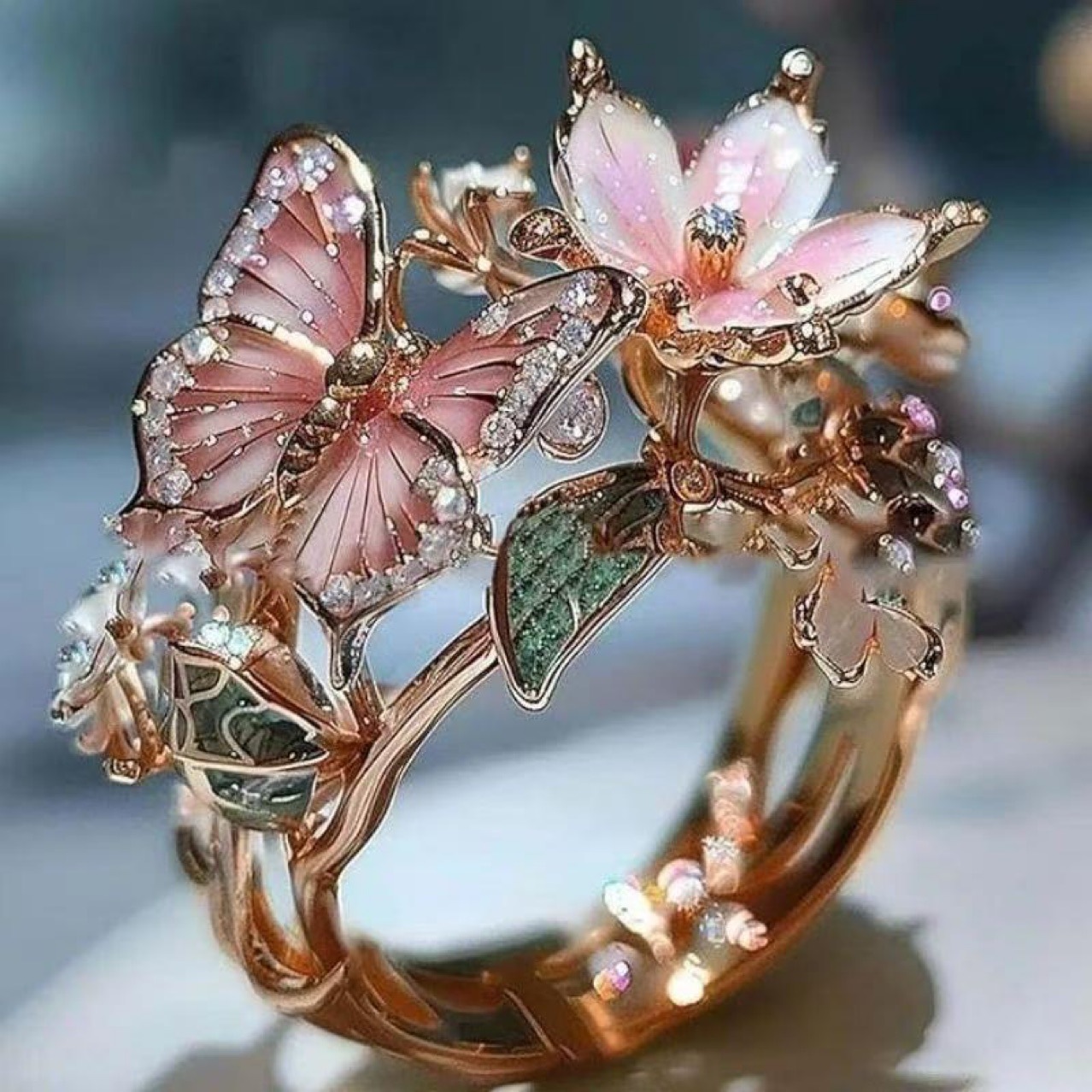 Flower Butterfly Ring With Rhinestones